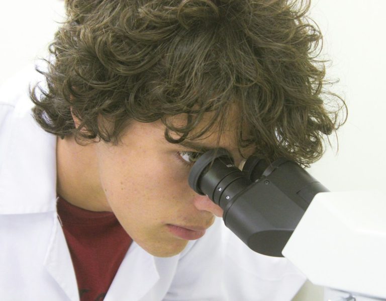 Tatsächlich - hier versteckt sich noch ein kleiner Fehler... Student schaut durch ein Mikroskop